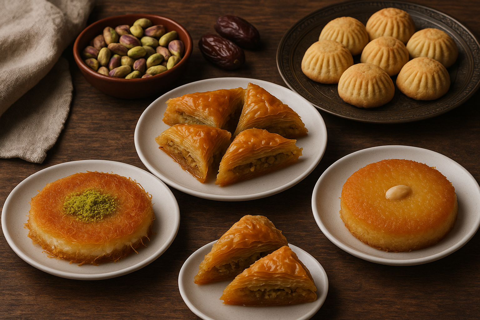 Assorted Middle Eastern desserts on wooden table