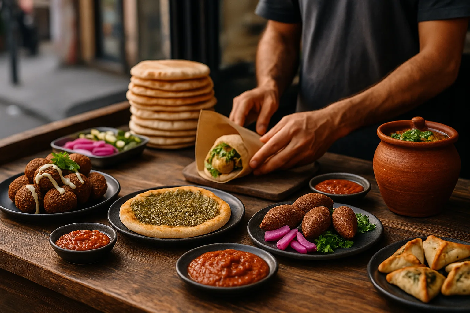 Falafel, manakish, kibbeh at bustling street stall