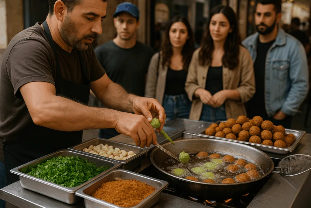 Vendor frying falafel at busy street stall