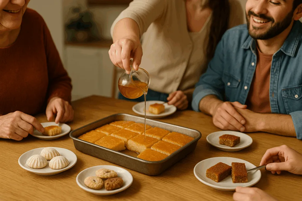 People enjoying basbousa and semolina desserts together